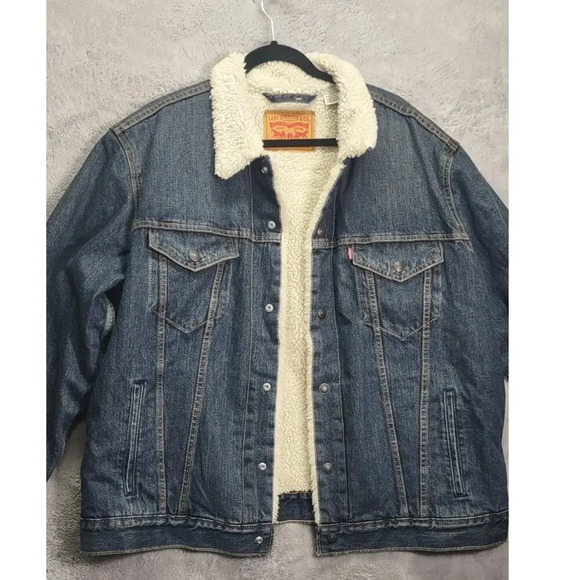 Levi's Mens Denim Sherpa Lined Trucker Jacket Coat Blue Stylish - Picture 4 of 15